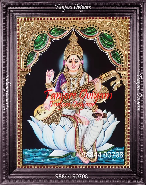 Lotus Saraswathi Tanjore painting seated white lotus veena gold foil artwork